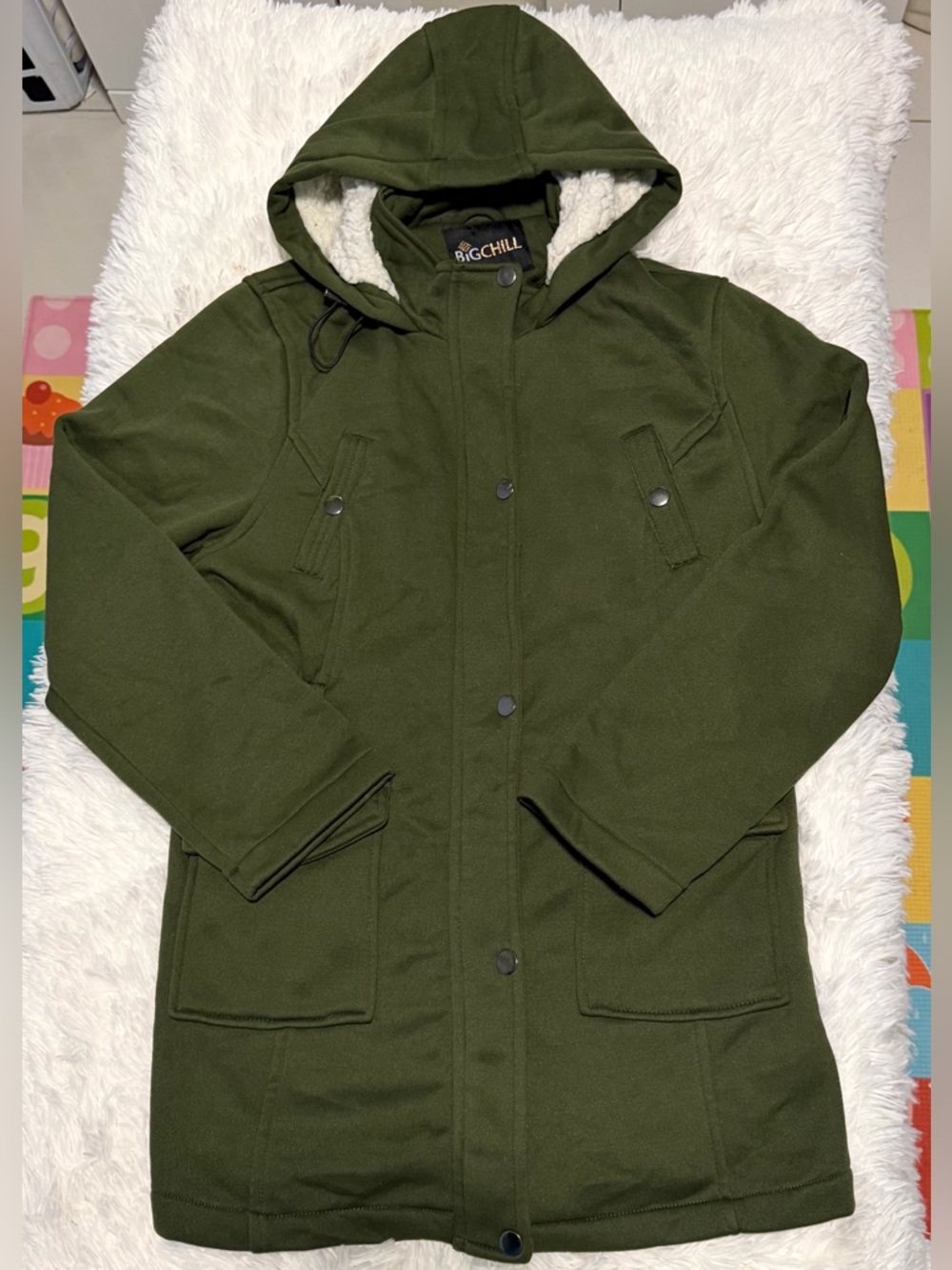 Big Chill Hooded Parka in Olive Green with Cream Sherpa Lining